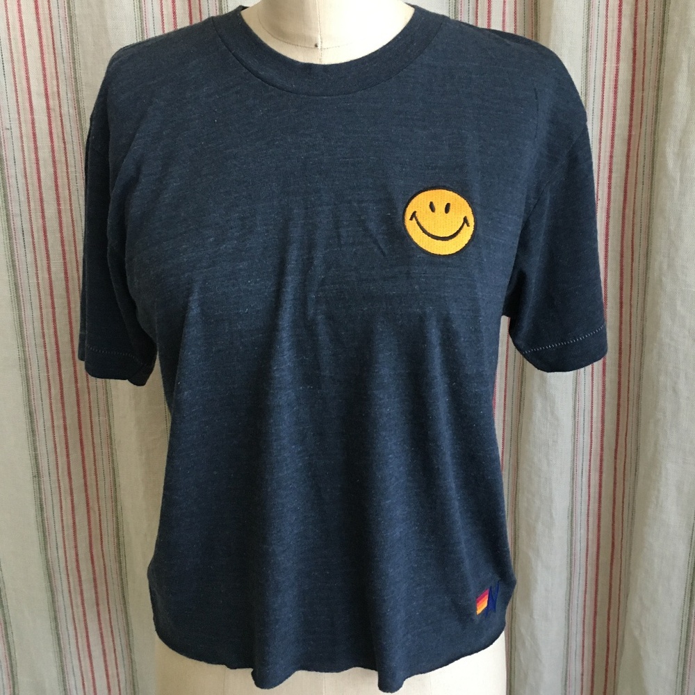 Aviator Nation Women's Cropped "Smiley Crew" Tee in Charcoal